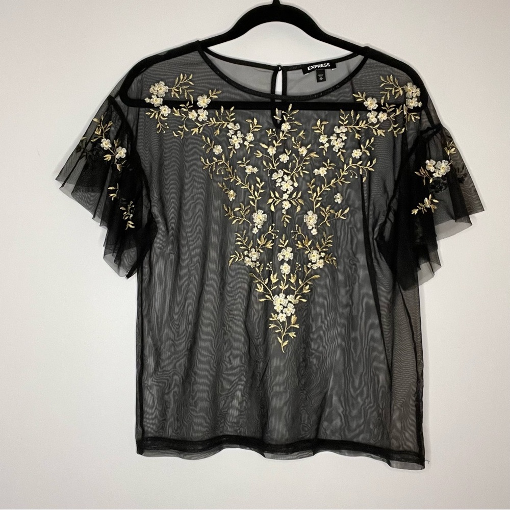 Express Black Mesh Top with Gold Floral Embroidery - Picture 3 of 5